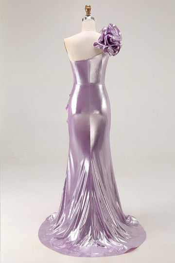 One Shoulder Light Purple Mermiad Ruffled Prom Dress